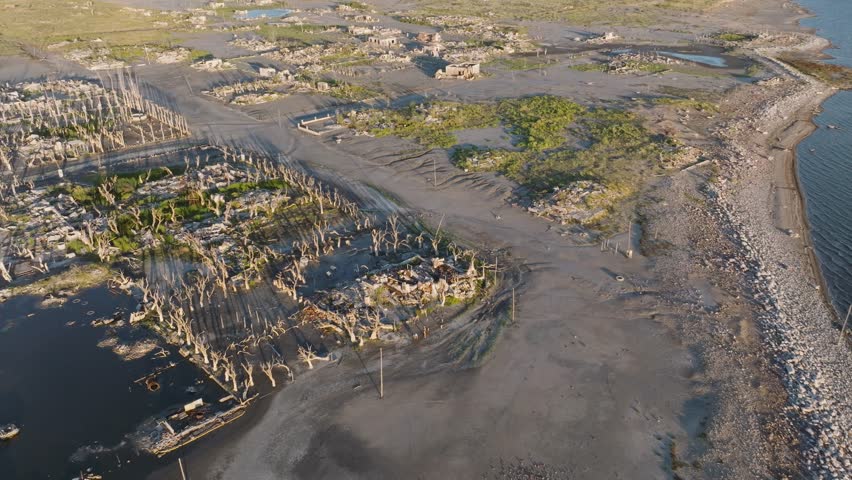 Aerial fly above Epecuen deserted village, lost in time Abandoned ruins in Buenos Aires province, Argentina