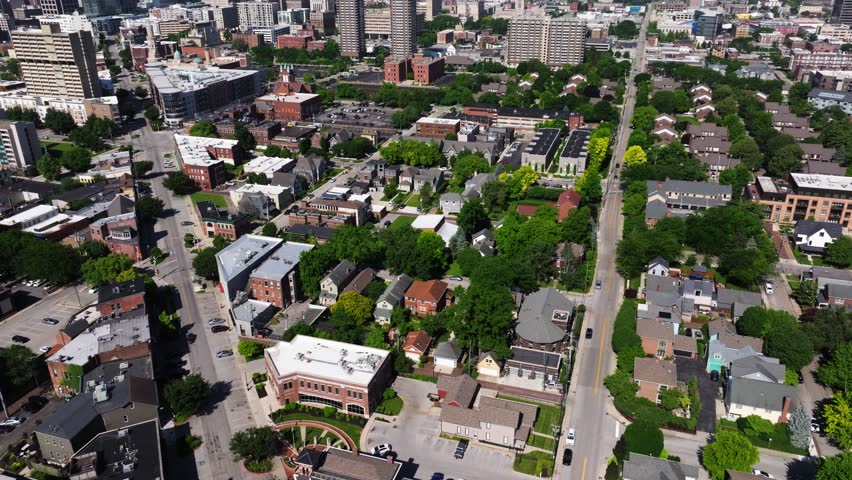Aerial drone shot above the Chatham Arch neighborhood in downtown Indianapolis on summer day.