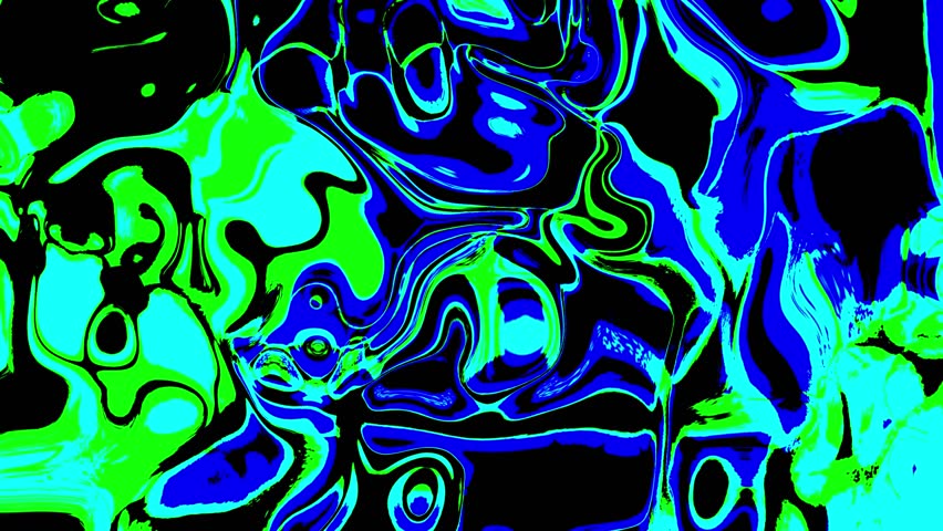 Grunge noisy dark haotic abstract video background with textured blue, green acid glowing cyrcle shapes. Trendy edgy design for music. Seamless loop
