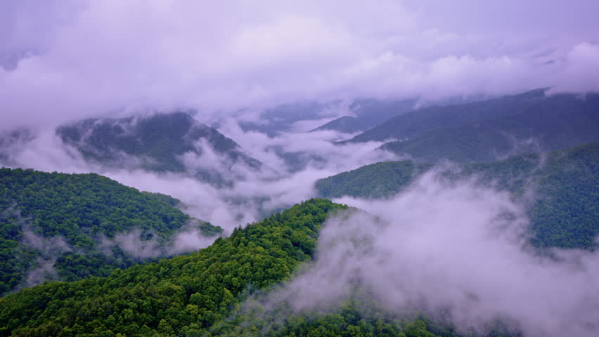 Hazy drone panorama of the Great Smoky Mountains.