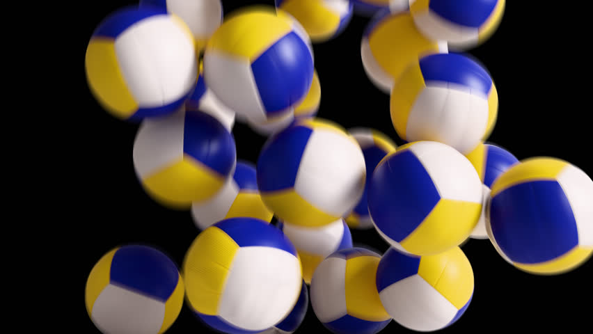 Volleyball Balls Falling Transition Animation with Alpha Channel. 3D rendering.