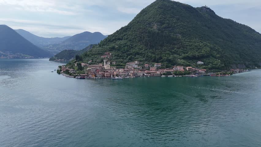 Peschiera Maraglio village on Monte Isola Lake Iseo Italy drone,aerial