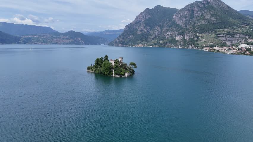 Island of Loreto north of Monte Isola , Lake Isola drone,aerial 4K footage