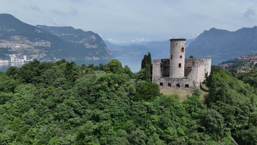 Madonna della Ceriola ,Church Monte Isola , Italy , Panning drone aerial