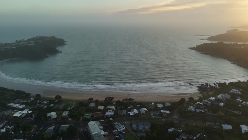 Aerial Shot Of Beautiful Sunrise At Haiheke Island, Oneroa Area, New Zealand