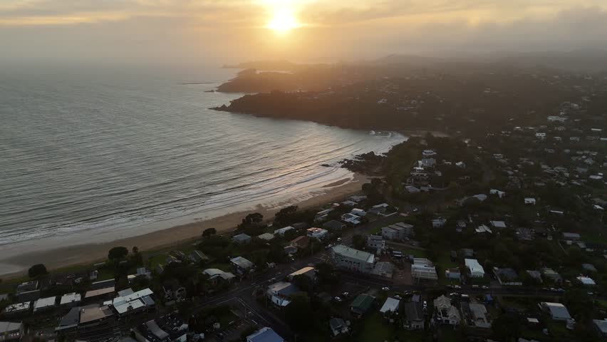 Orbit Shot Exploring Stunning Sunrise At Haiheke Island, Oneroa Area, New Zealand