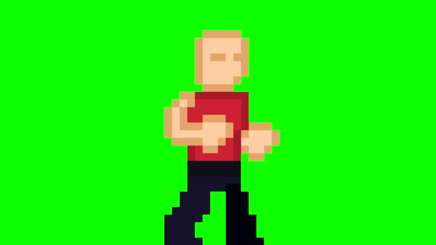 Animation of an old 16-bit game with a man fighting on a green background, pixel.