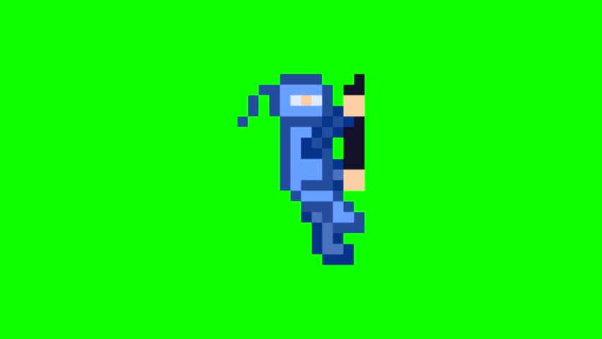 Animation of an old 16-bit game with a ninja climbing on a green background, pixel art, 2D.