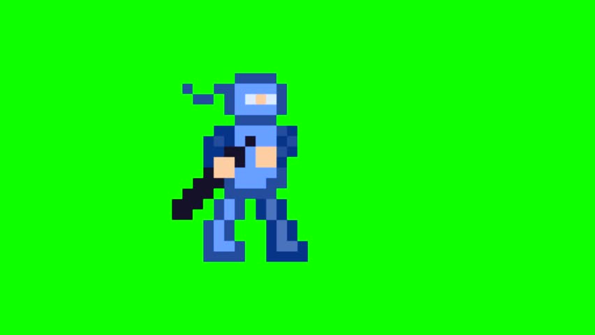Animation of an old 16-bit game with a ninja fighting on a green background, pixel art, 2D, sword.