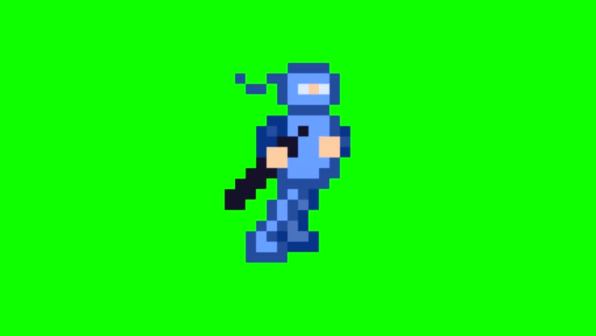 Animation of an old 16-bit game with a ninja walking on a green background, pixel art, 2D.