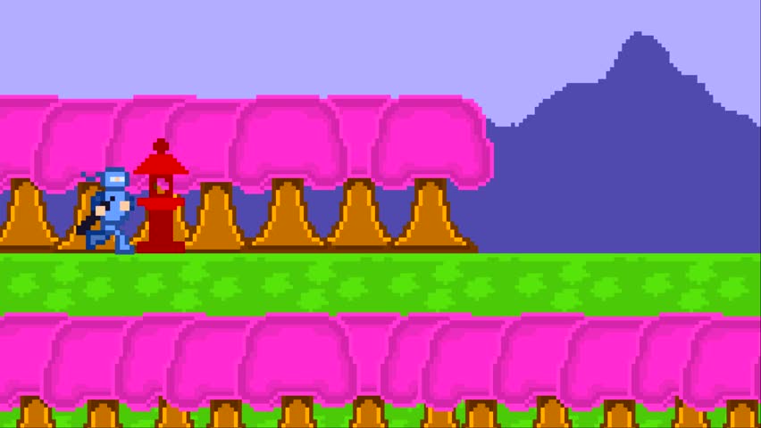 Animation of an old 16-bit game with a ninja passing levels and fighting enemies, pixel art.