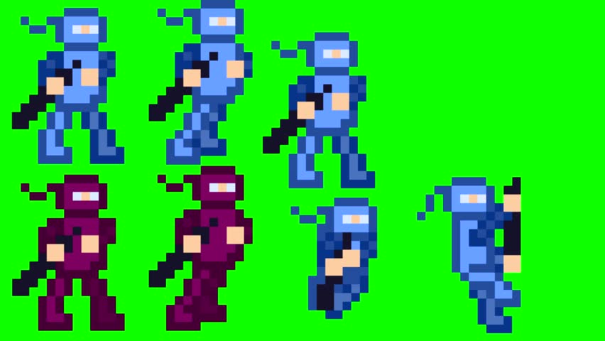 Animation of an old 16-bit game with ninjas fighting on a green background, pixel art.
