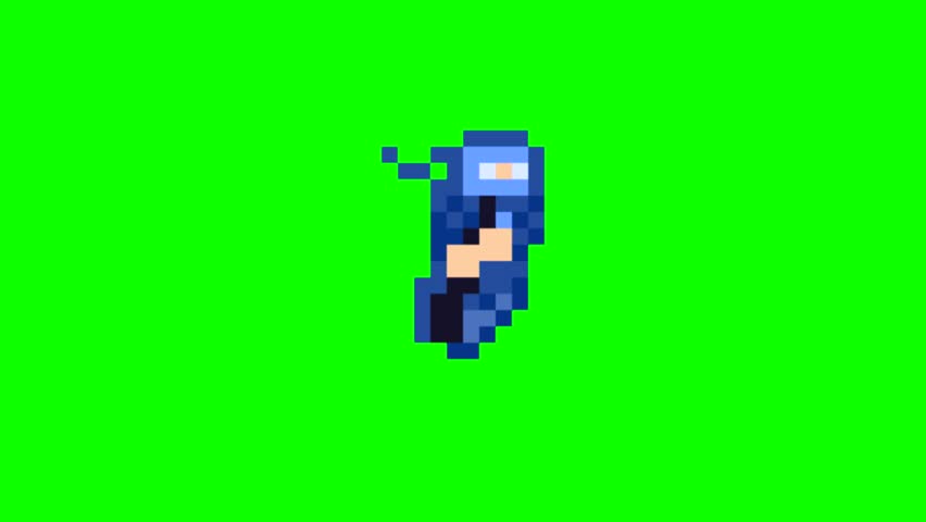 Animation of an old 16-bit game with a ninja fighting on a green background, art, 2D.