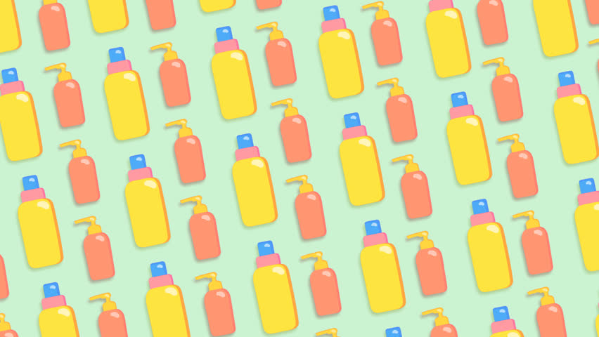 Looped 10-second animation featuring two summer beach kit items: a yellow sunscreen bottle and a red shampoo bottle on a pale green solid background. Designed in a clean flat vector style with semi-or