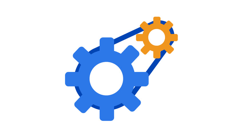 Connected cogs system logo in cartoon animation. Business collaboration mechanism symbol. Interlocking gears teamwork icon. Synergy and process management sign. Alpha channel. Seamless looping.
