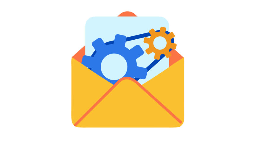 Email automation gears logo in cartoon animation. Business workflow message icon. Communication process envelope and mail system efficiency symbol. Technical support correspondence sign. Alpha channel