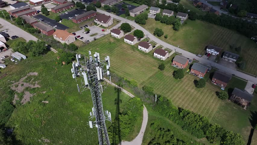 Aerial view of cell tower and green space, United States.