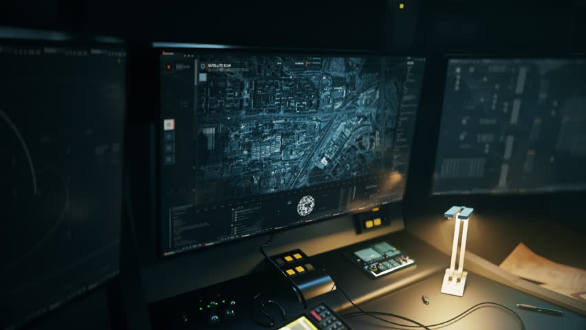 Satellite security technology is used in the futuristic control room. Operating the satellite surveillance for city security. Security controlling the satellite scanner to find the criminal. Tracking