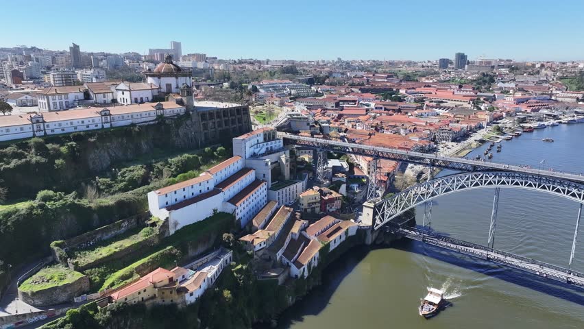 Porto Skyline At Porto In District Of Porto Portugal. Coastal City. Luis I Bridge Landscape. Boat Sailing. Porto Skyline In Portugal. Portugal Skyline. Travel Landscape.