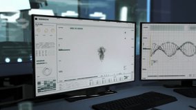 Data and informations on two screens. Screen on the right with DNA sequence analysis. Monitor in the center with SARS-Cov-2 spike protein structure appearing in 3D. Medical research.UI. Inside a lab - Powered by Shutterstock - Get 15% off with code: PIKWIZARD15