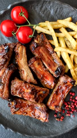 Meat, beef ribs in a marinade grilled with salt and spices. Grilled ribs, barbecued meat food