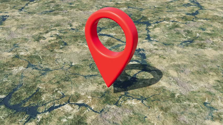 Red sign geolocation sign on the land map rotate endless 4k. 3D Illustration