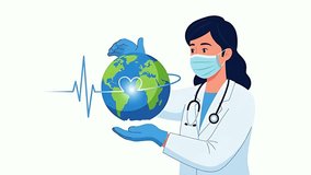 A doctor wearing a mask and gloves holds the Earth, symbolizing global healthcare. A heartbeat line pulses around the planet, representing health and life. - Powered by Shutterstock - Get 15% off with code: PIKWIZARD15