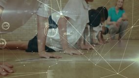 students assuming plank starting school push-up routine with graphic metrics overlay tracking form. Youth, fitness, teamwork, education, analytics, athleticism, discipline - Powered by Shutterstock - Get 15% off with code: PIKWIZARD15