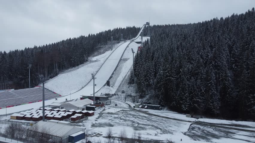 Ski jump in the winter with snow