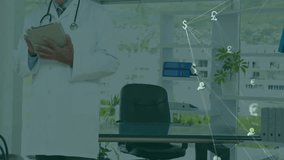 male doctor reading tablet and forming finance network with currency symbols and chart icons. Medical, technology, financial, data, connectivity, analysis, professional - Powered by Shutterstock - Get 15% off with code: PIKWIZARD15