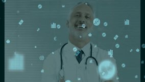 Doctor causing drifting health charts, graphs, pill and currency icons and globe icons around spine. Medical, healthcare, technology, data, research, innovation, professional - Powered by Shutterstock - Get 15% off with code: PIKWIZARD15