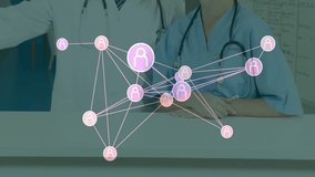 Male doctor and female nurse activating display, viewing network graph expanding for diagnosis. Medical, healthcare, technology, data, analysis, collaboration, communication - Powered by Shutterstock - Get 15% off with code: PIKWIZARD15