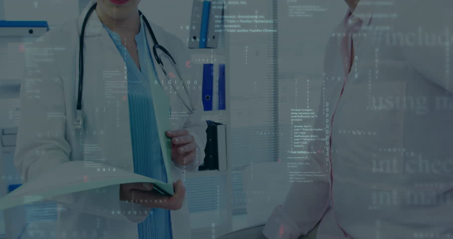 Health clinic doctor leafing through file as patient watching explaining findings via code overlay. Medical, consultation, healthcare, digital, professional, clinical, communication