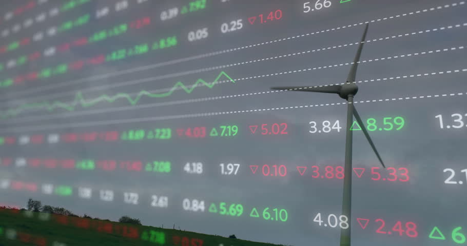 On start, wind turbine blades rotating while data scrolling and line representing market growth. Renewable, technology, financial, automation, nature, innovation, data visualization