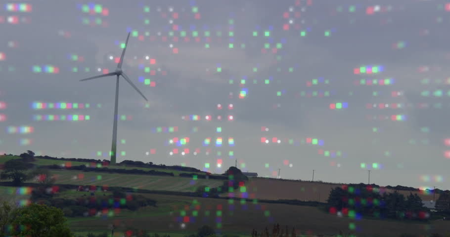 Opening scene showing wind turbine rotating blades under pixel glitch overlay visualizing noise. Renewable, sustainability, rural, digitalart, landscape, glitch, technology