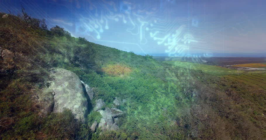 At fourth second drone panning over hill revealing data grid and forming padlock showing security. Futuristic, technology, security, cyber, landscape, network, digital