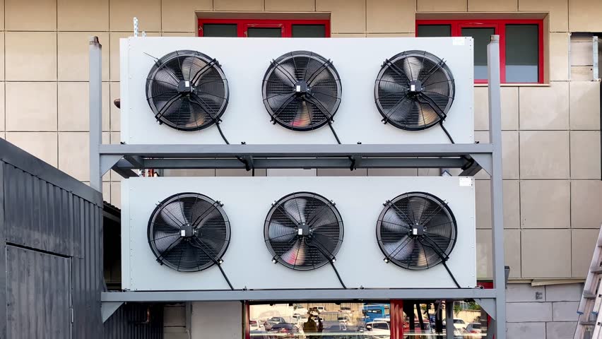 Ventilation and air conditioning system outside the building. Modern engineering technologies for climate and comfort.
