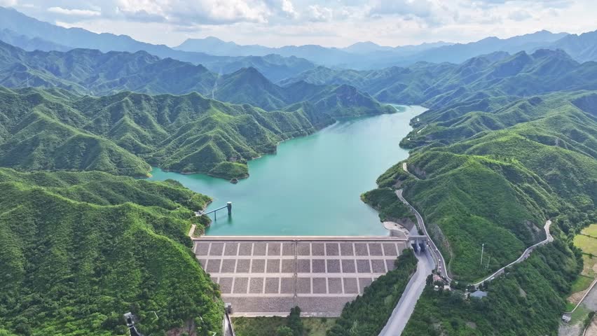 Beijing, China - 13th July 2025 - Aerial view of Zhaitang Reservoir and dam in Beijing Mentougou
