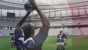 Rugby hooker throwing ball into lineout on pitch, jumper securing ball and runner launching attack. Athletics, teamwork, competition, outdoor, dynamic, strategy, athleticism - Powered by Shutterstock - Get 15% off with code: PIKWIZARD15