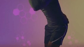 Male athlete sprinting scanning DNA helix overlays morphing hex patterns prayer-pose in technology. Athlete, digital art, futuristic, mobility, innovation, fitness, motion - Powered by Shutterstock - Get 15% off with code: PIKWIZARD15