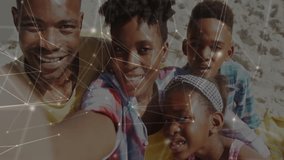 Woman taking smartphone selfie capturing family faces with tech overlay animating across beach. Portrait, connectivity, outdoors, innovation, happiness, leisure, technology - Powered by Shutterstock - Get 15% off with code: PIKWIZARD15