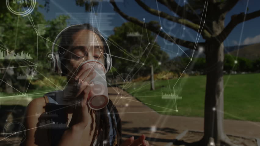 Woman pausing campus walk and lifting cup sipping as network graphics overlaying in technology demo. Urban, lifestyle, modern, connectivity, innovation, vitality, nature
