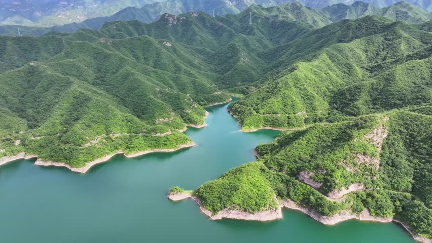 Beijing, China - 13th July 2025 - Aerial view of Zhaitang Reservoir in  Beijing Mentougou