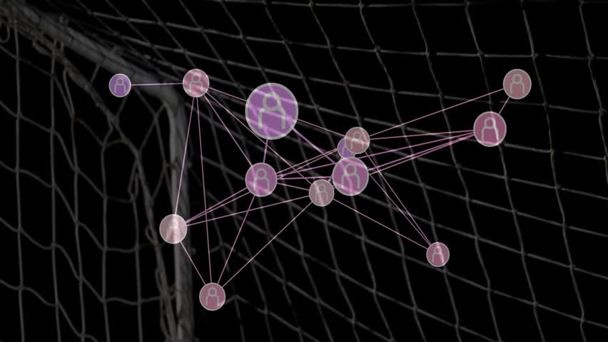 Sports analytics overlay pulsing, realigning around goalkeeper securing soccer ball on net contact. Digital, sports, visualization, performance, technology, analysis, action - Powered by Shutterstock - Get 15% off with code: PIKWIZARD15