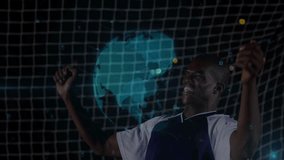 Globe hologram appearing in night soccer spurring player tracking then meeting ball then cheering. Technology, innovation, sports, motion, victory, enthusiasm, digital - Powered by Shutterstock - Get 15% off with code: PIKWIZARD15