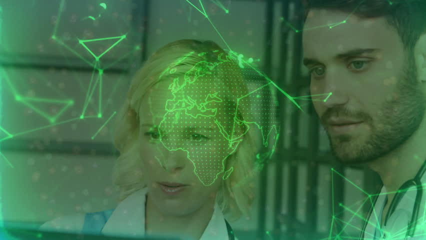 Rotating green holographic globe initiating doctors leaning over monitor and analyzing network data. Medical, collaboration, technology, innovation, healthcare, digital, analysis - Powered by Shutterstock - Get 15% off with code: PIKWIZARD15