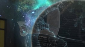 Apron clad male scrolling tablet initiating holographic globe forming and visualizing network data. Futuristic, technology, innovation, digital, connectivity, urban, sleek - Powered by Shutterstock - Get 15% off with code: PIKWIZARD15