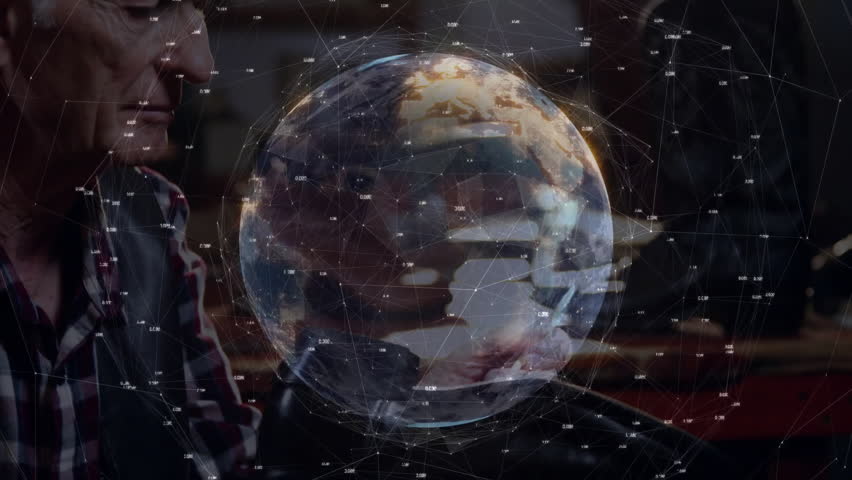 Senior man tapping tablet with stylus and exploring rotating holographic Earth tech network lines. Digital, innovation, futuristic, technology, data visualization, mobility - Powered by Shutterstock - Get 15% off with code: PIKWIZARD15