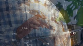 tech male tapping tablet activating rotating globe engaging global data and calling smartphone. Technology, data visualization, innovation, digital, connectivity, business, modern - Powered by Shutterstock - Get 15% off with code: PIKWIZARD15