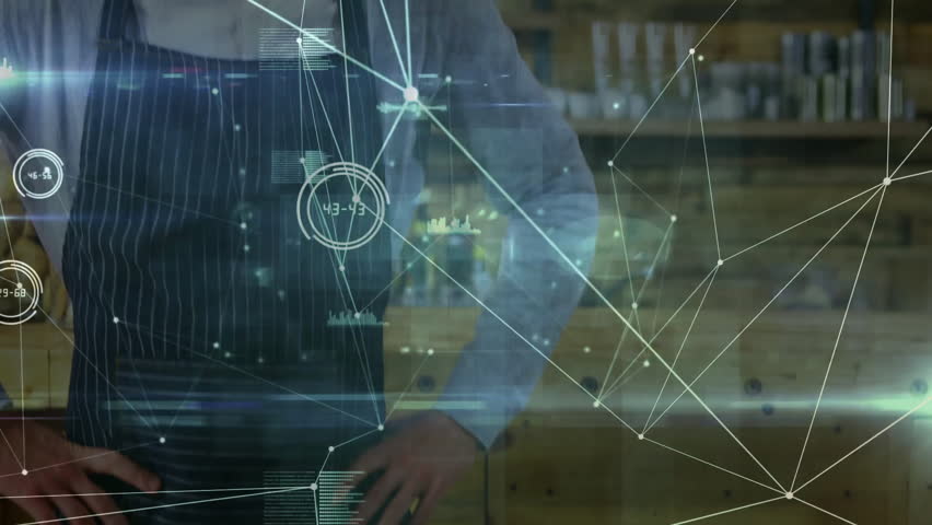 Café attendant experiencing digital widgets appearing, overlay converging around face in tech demo. Technology, innovation, connectivity, data visualization, digital interface, futurism, business
